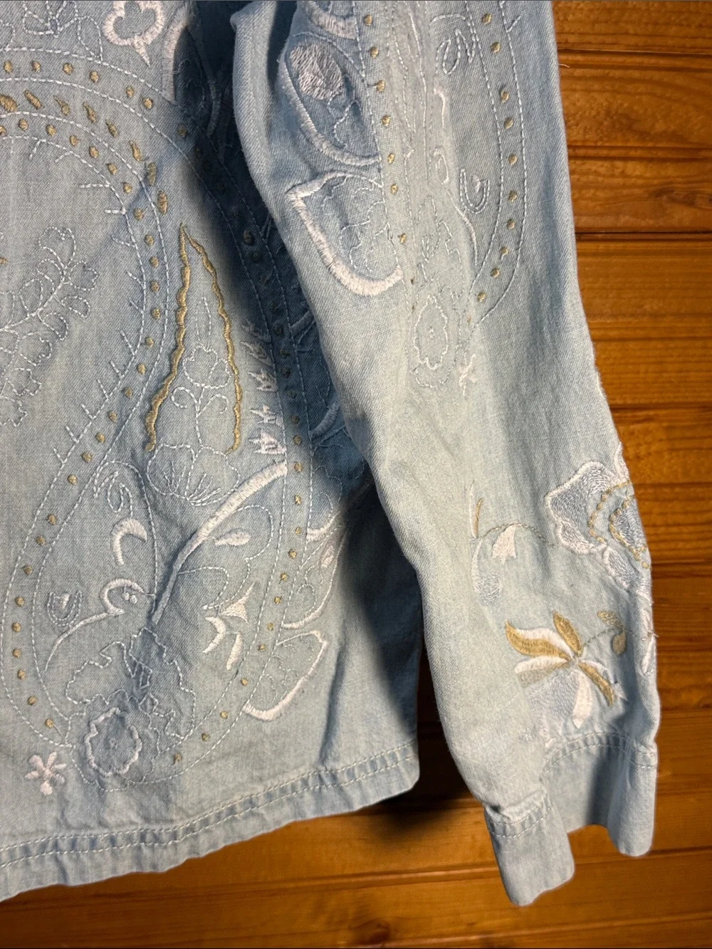 Chico's Light Blue Embroidered Denim shirt with Floral Accents - Picture 4 of 7